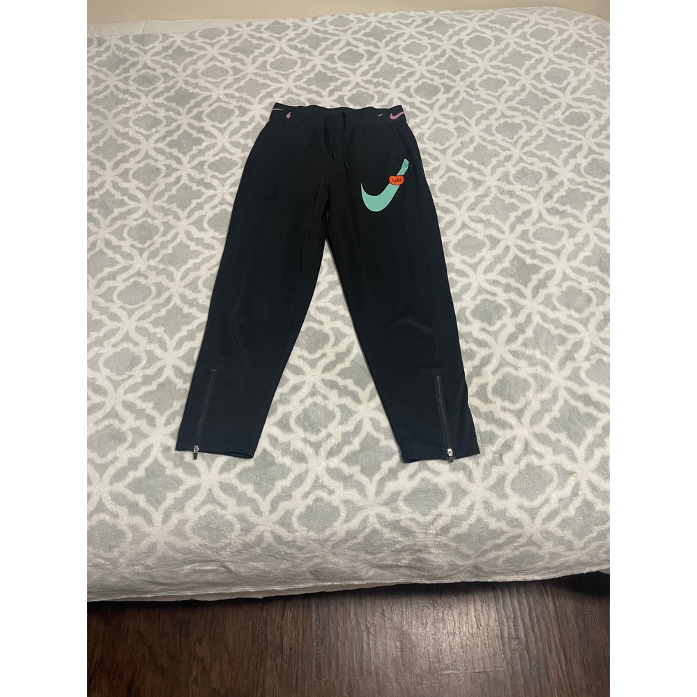 Nike Women Joggers Black Mint‎ Green Oversized Swoosh Ankle Zip Track Pants M